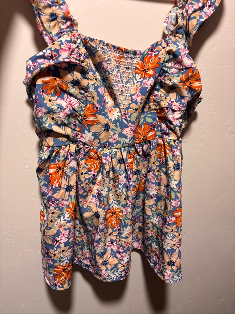 entro Blue Floral Ruffle Tank Top with Orange Accents